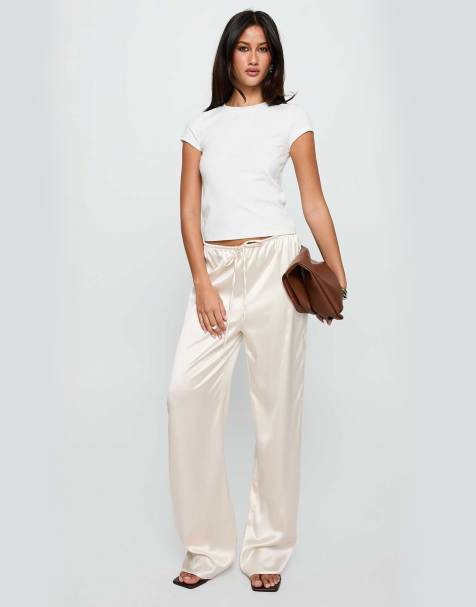 Princess Polly Soulstar satin drawstring waist wide leg trousers in cream - view 1