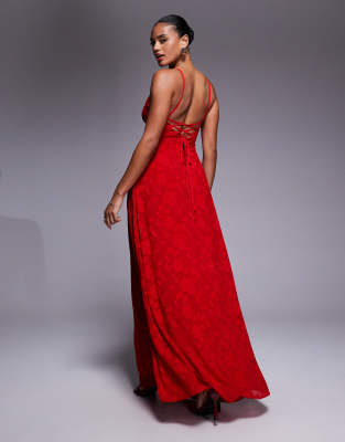 Princess Polly - South Of France - Camisole-Maxikleid aus Ausbrennersamt in Rot mit Blumenmuster und Rückenschnürung