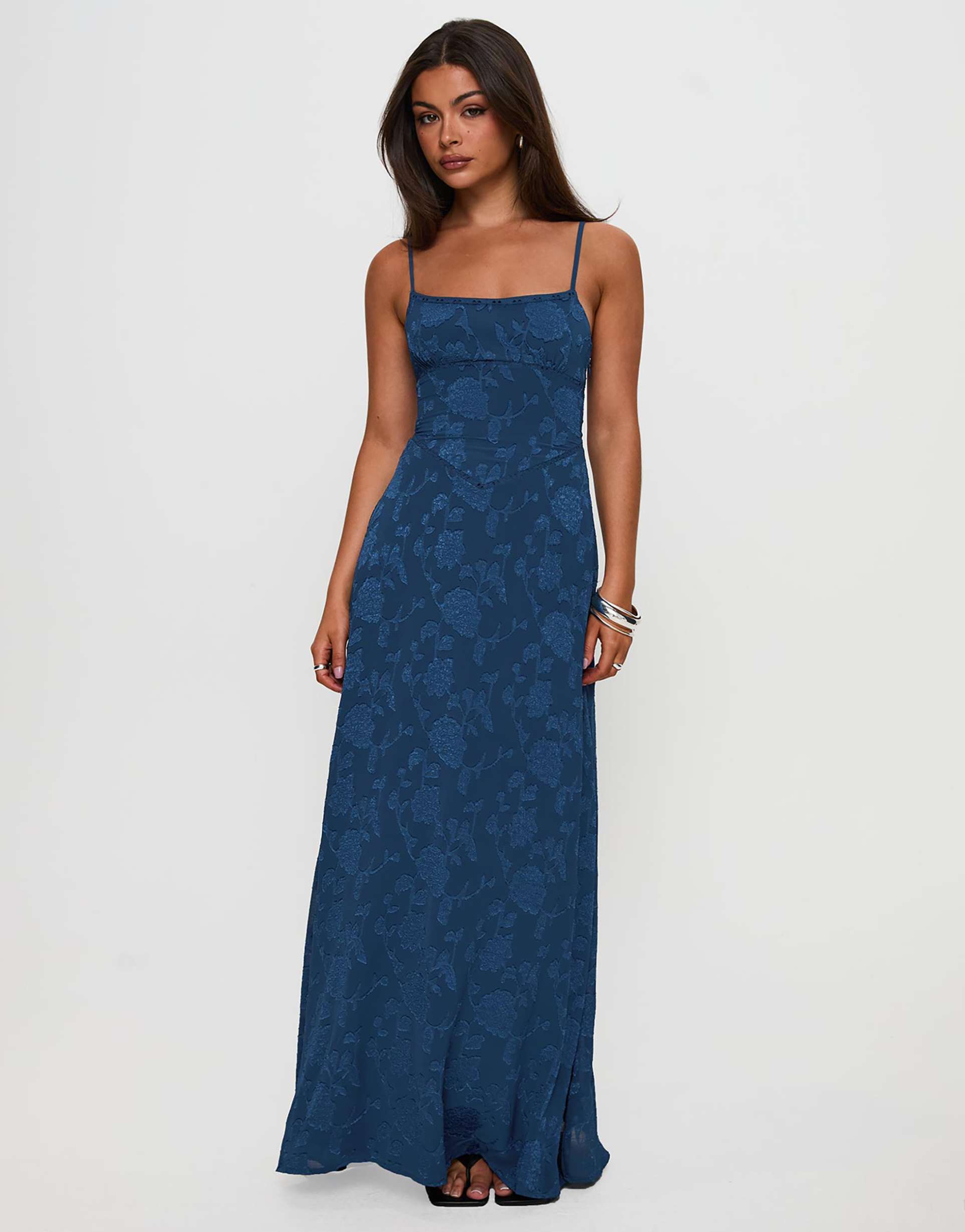 princess polly south of france floral devore cami lace up back detail maxi dress in navy