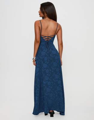 Princess Polly South Of France Floral Devore Cami Lace Up Back Detail Maxi Dress In Blue