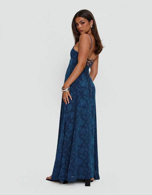 open lace back dress Angeleina Maxi Dress Blue Floral