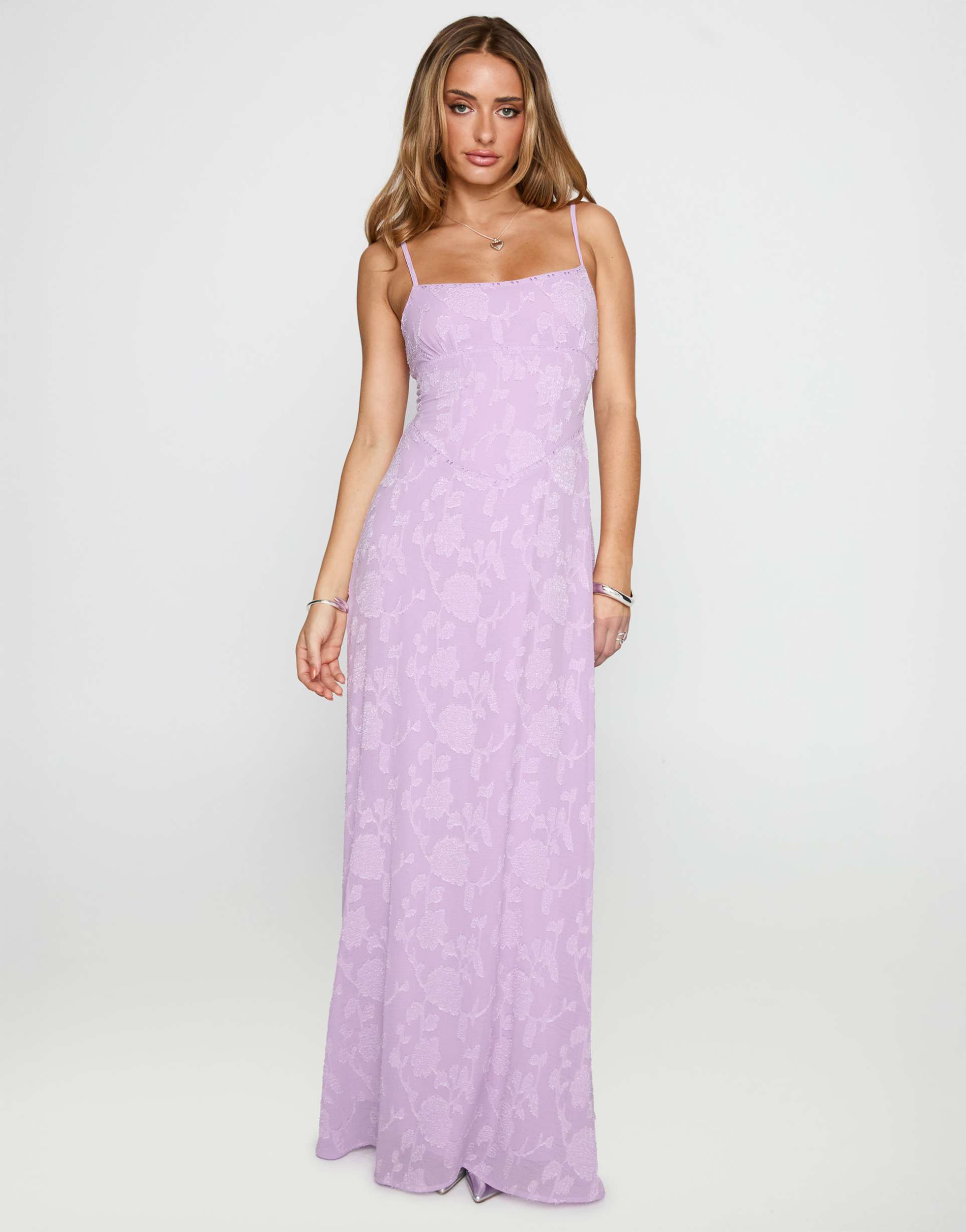 princess polly south of france floral devore square neck corset lace up back detail maxi dress in lilac