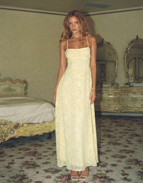 Princess Polly South Of France vestito lungo maxi giallo con stampa floreale devoré, scollo quadrato, corsetto e dettaglio allacciato sul retro - view 1