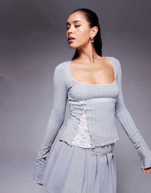 Princess Polly square neck lace insert long sleeve top in grey