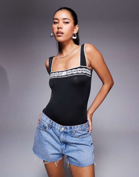 Princess Polly square neck lace trim detail bodysuit in black - view 1