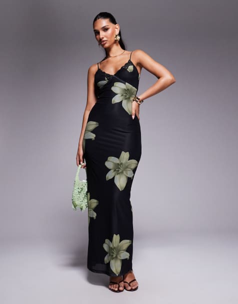 Princess Polly Stardrop mesh lace trim cami bodycon maxi dress in black and green floral