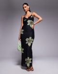 [Princess Polly] Princess Polly Stardrop mesh lace trim cami bodycon maxi dress in black and green floral-Multi 8 Black floral