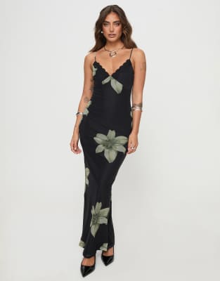 Polly - Stardrop - Robe longue moulante en tulle à fleurs avec fines bretelles et détails en dentelle - Noir et vert-Multicolore 44