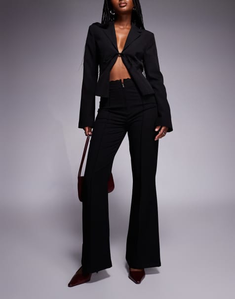 Princess Polly Stellina lace waist trim zip detail slim flared trousers in black