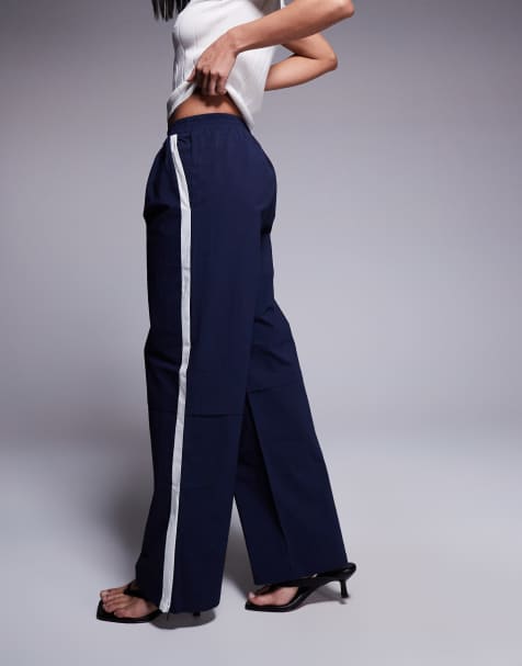 Princess Polly straight leg contrast side stripe windbreaker track trousers in navy