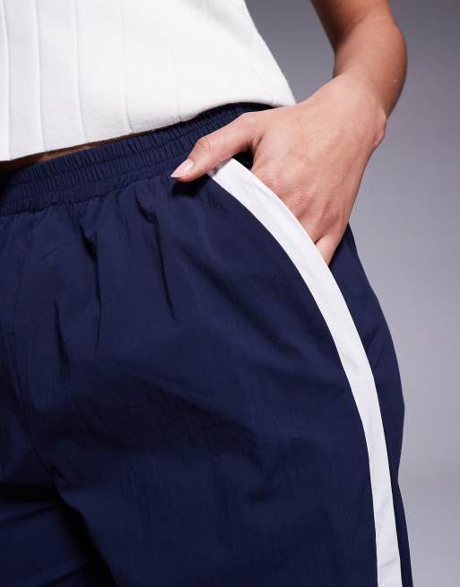 Princess Polly straight leg contrast side stripe windbreaker track trousers in navy, 3 of 5