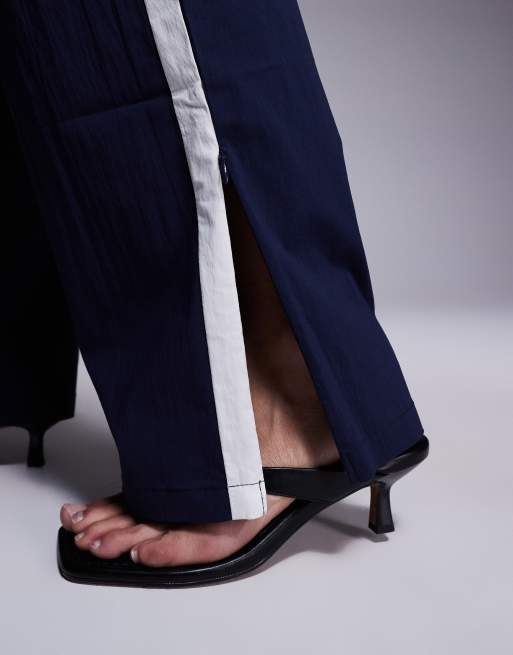 Princess Polly straight leg contrast side stripe windbreaker track trousers in navy, 5 of 5
