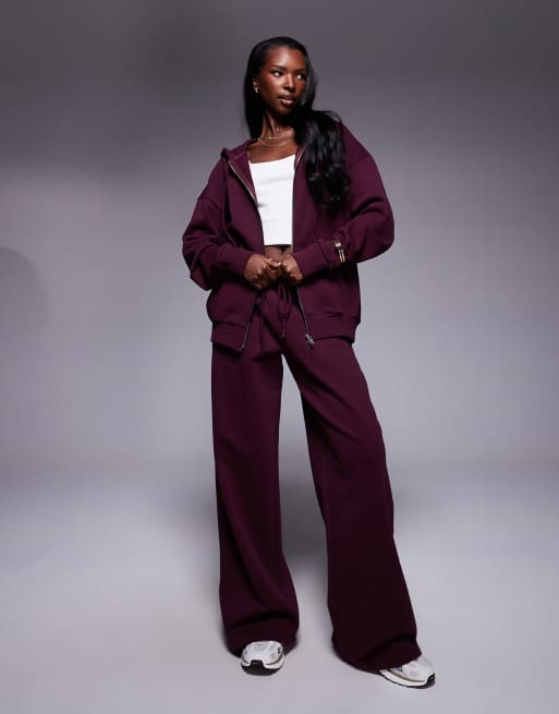 Princess Polly straight leg trackies and cotton zip through hoodie set in burgundy