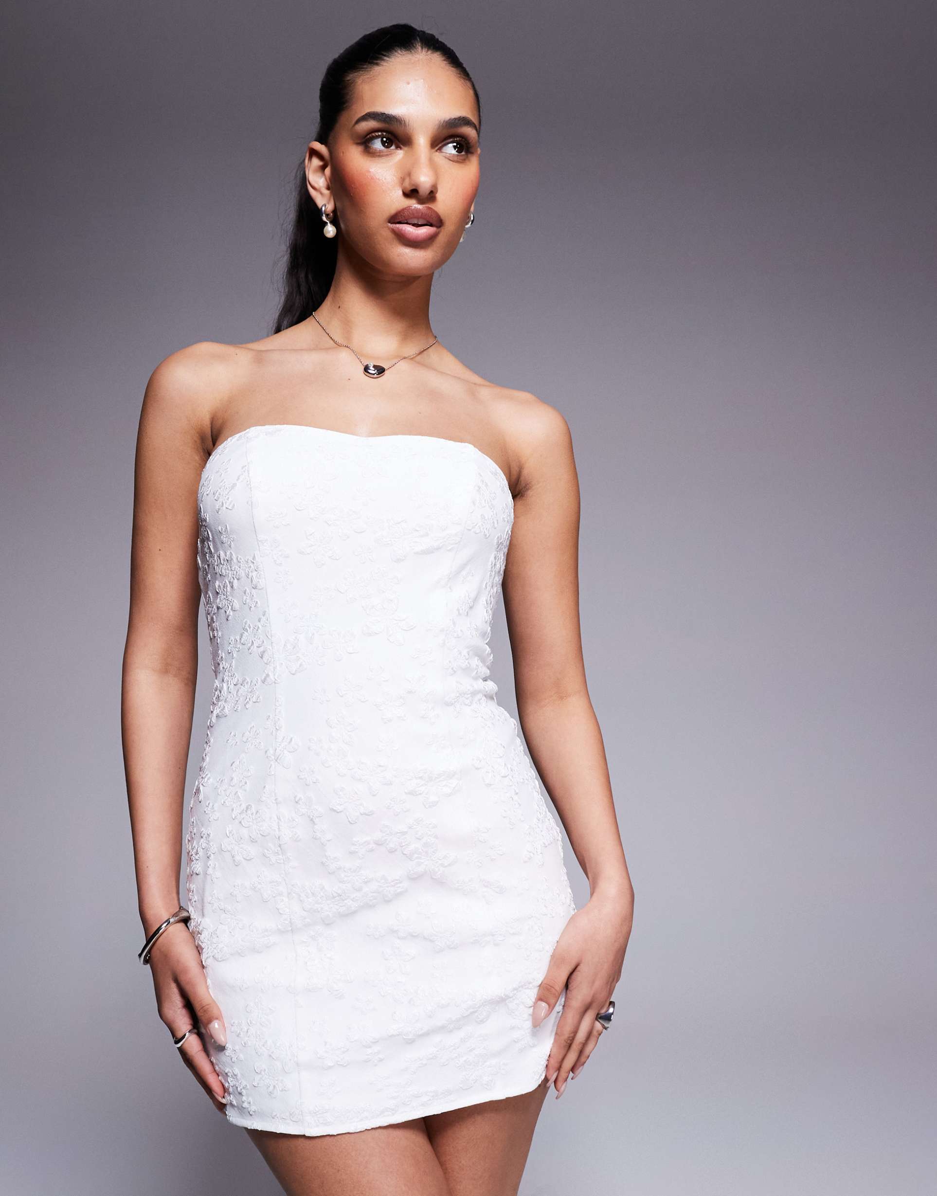 princess polly structured bandeau embroidered mini dress in white