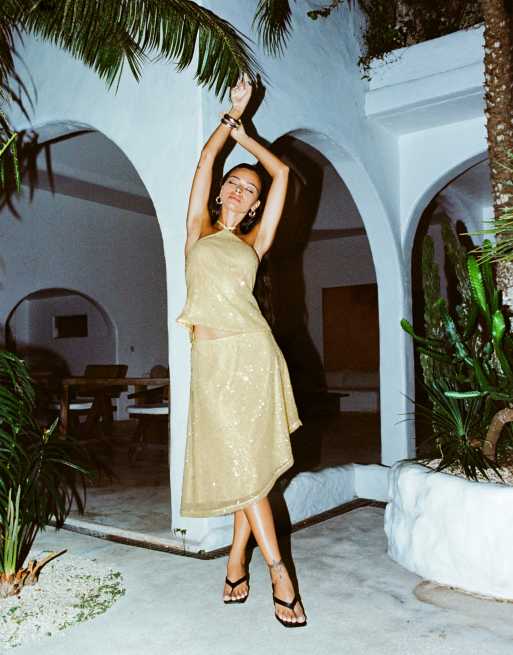 Princess Polly Sun Salutations sequin halterneck tie back top and midi skirt set in yellow, 3 of 3