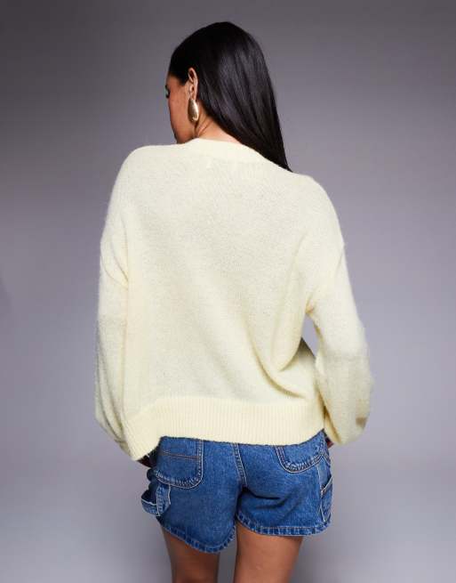 Princess Polly Sunbeam fluffy knit pearly button through cardigan in yellow, 3 of 4