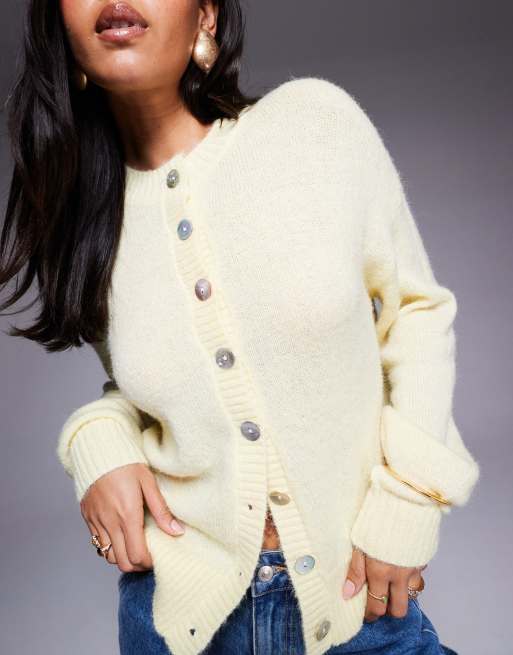 Princess Polly Sunbeam fluffy knit pearly button through cardigan in yellow, 4 of 4