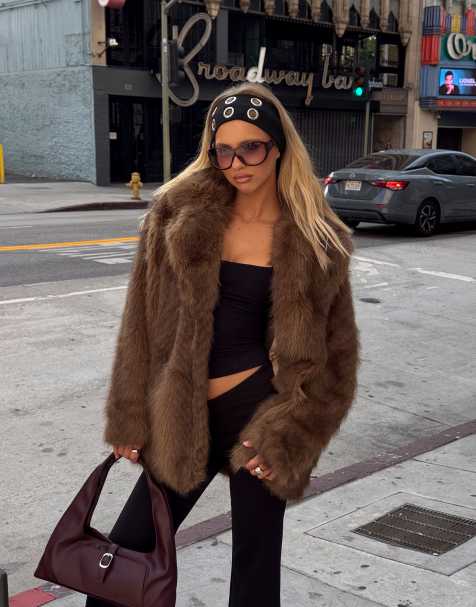 Princess Polly Super Trouper collared faux fur coat in brown - view 1
