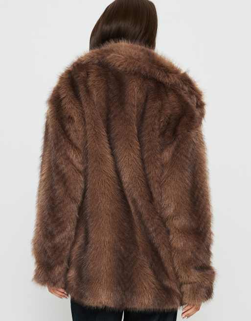 Princess Polly Super Trouper collared faux fur coat in brown, 3 of 4
