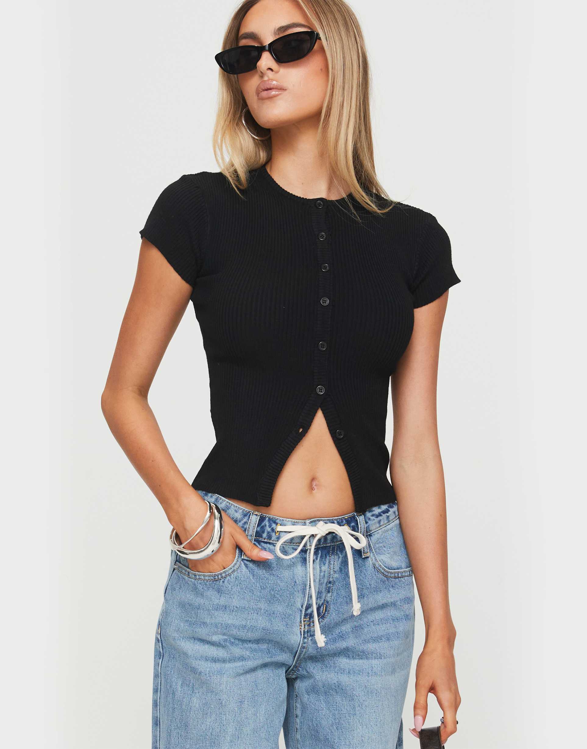 princess polly suzu fine rib knit button up top in black