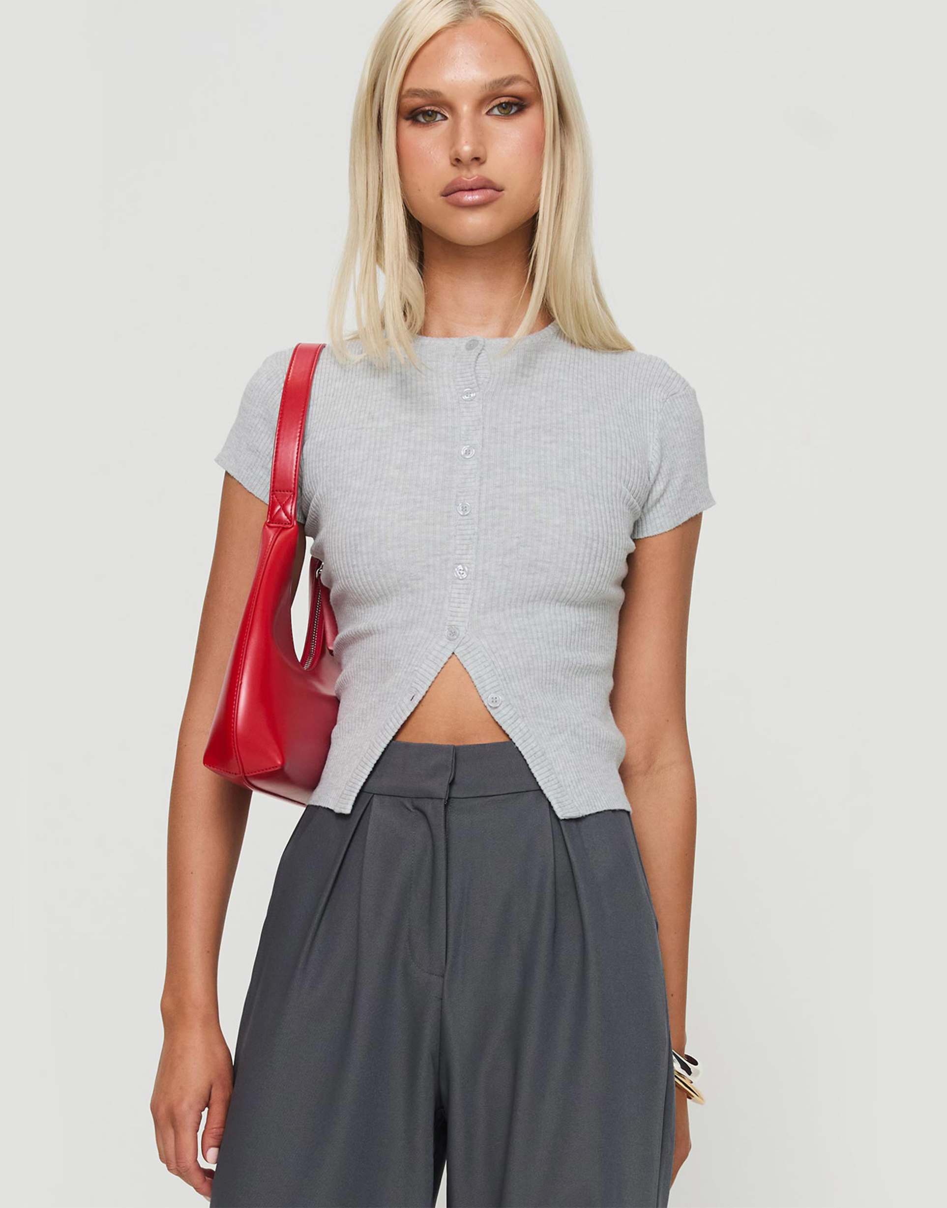 princess polly suzu fine rib knit button up top in light gray