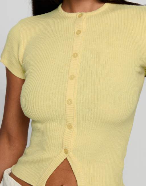 Princess Polly Suzu fine rib knit button up top in yellow, 2 of 4