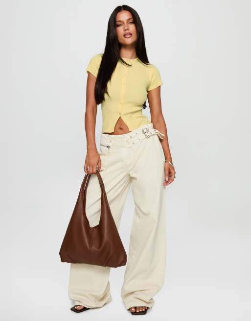 Princess Polly Suzu fine rib knit button up top in yellow, 4 of 4