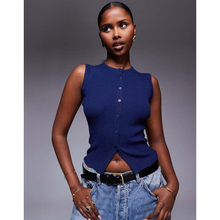 Princess Polly Suzu rib knit button up vest top in navy | ASOS
