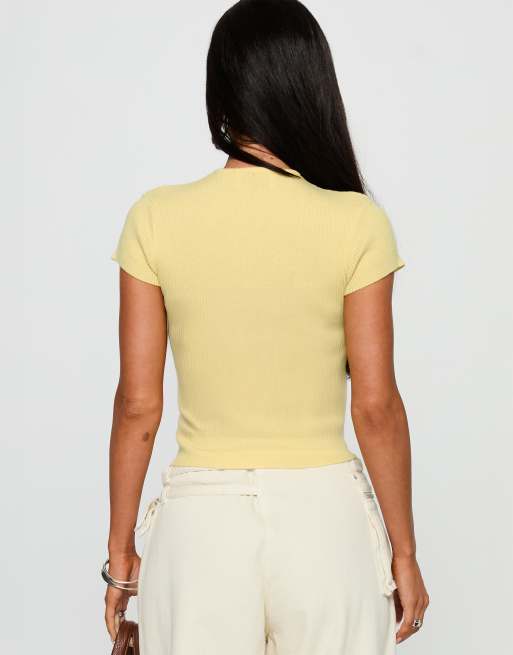 Princess Polly - Suzu - Top boutonné en maille côtelée fine - Jaune, 3 de 4