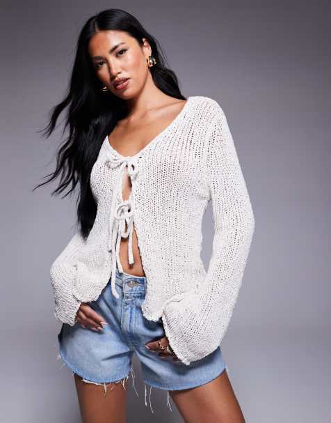 Princess Polly - Swain - Cardigan color panna in maglia con apertura sul davanti e laccetti - view 1