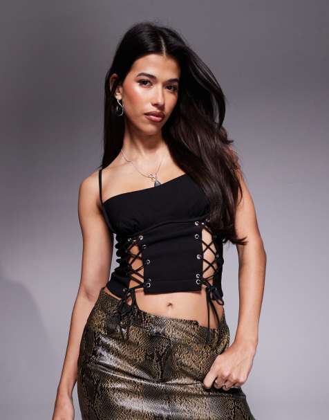 Princess Polly eyelet lace up detail cami top in black