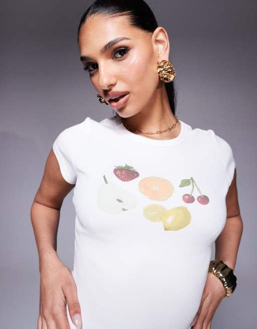 Princess Polly - T-shirt taglio corto bianca a coste con stampa di frutta