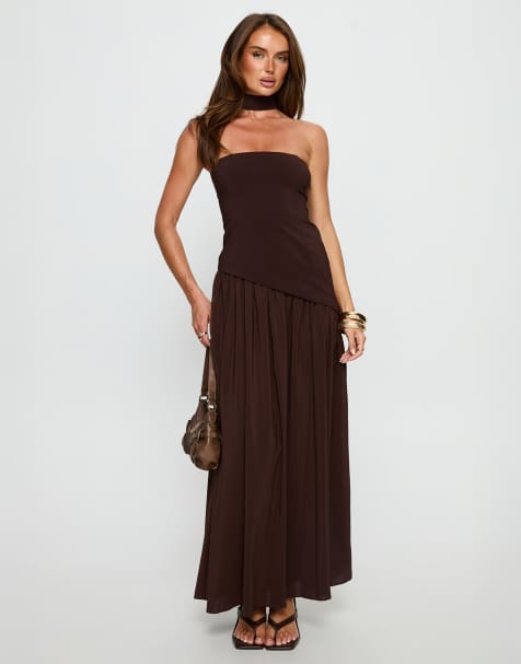 Princess Polly tailored bandeau chiffon hem scarf detail maxi dress in chocolate - view 1