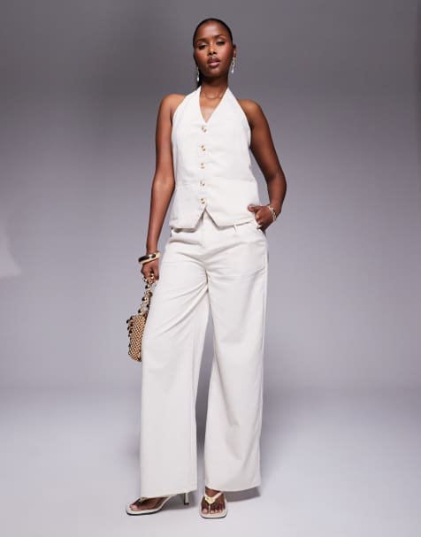 Princess Polly tailored halterneck button through waistcoat and wide leg trousers full set in beige - view 1