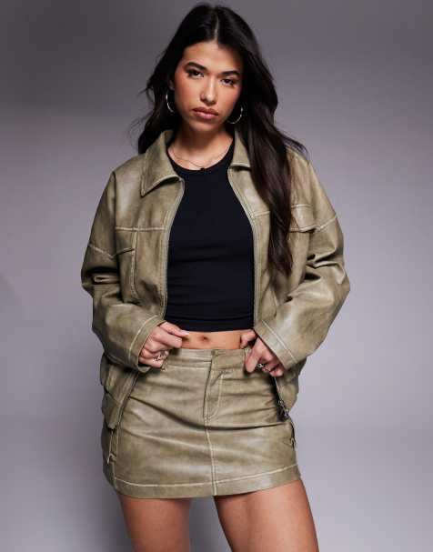 Princess Polly Tanza leather look oversized pocket detail jacket co-ord in light khaki - view 1