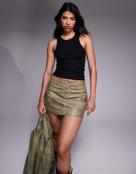 Princess Polly Tanza leather look pocket detail mini skirt co-ord in light khaki