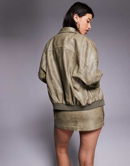 Princess Polly - Tanza - Veste d'ensemble oversize en similicuir avec poches - Kaki clair, 4 de 4