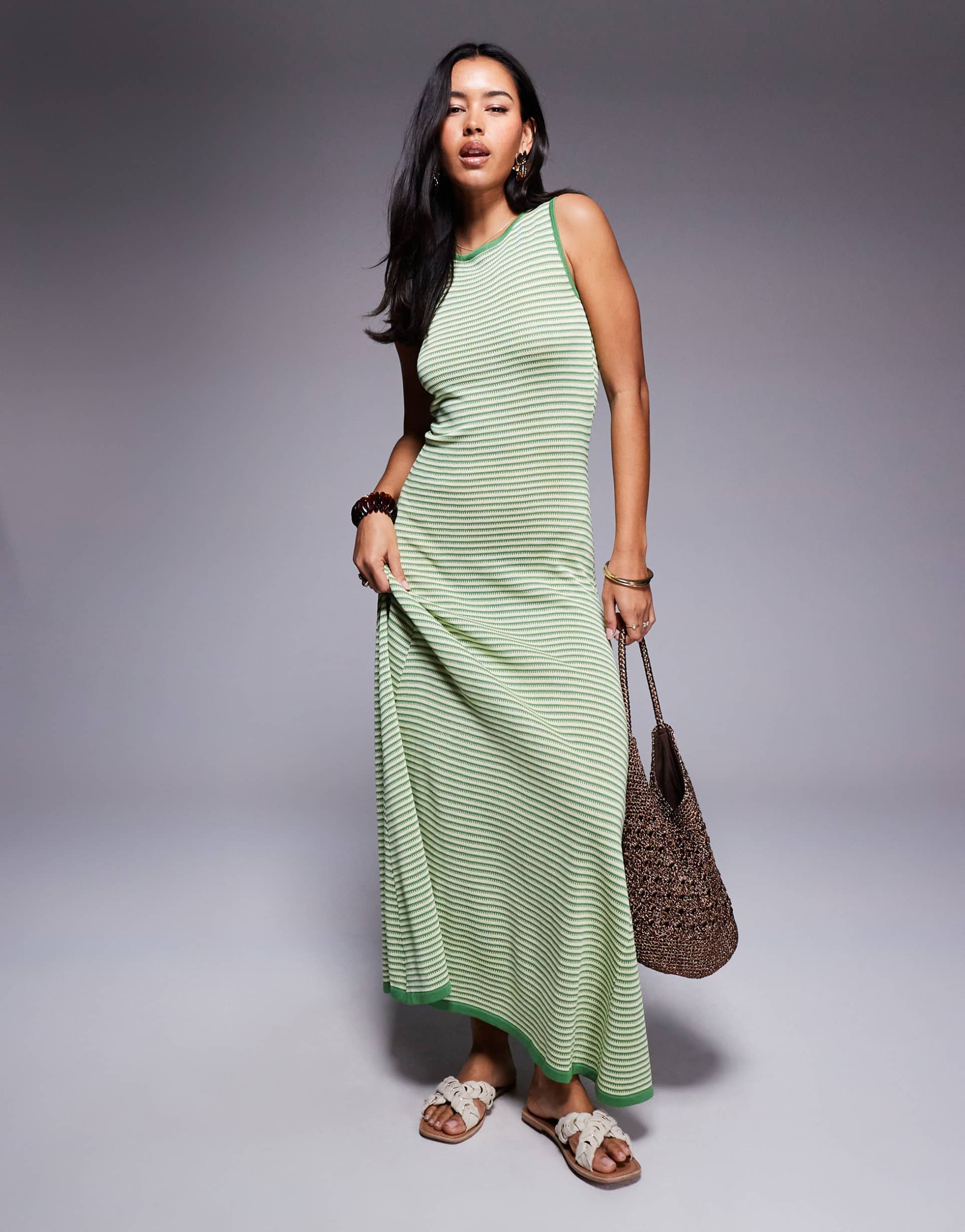princess polly tavison knit sleeveless maxi dress in green stripes