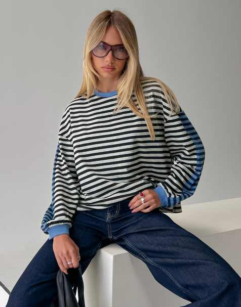 Princess Polly Taysha cotton rich crew neck drop shoulder long sleeve top in black & blue stripe - view 1