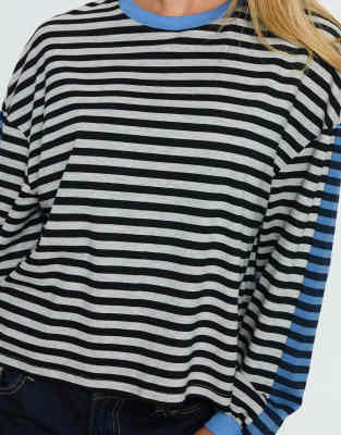 Princess Polly Taysha Cotton Rich Crew Neck Drop Shoulder Long Sleeve Top In Multi