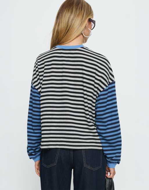 Princess Polly - Taysha - Top a maniche lunghe girocollo in misto cotone nero e blu a righe con spalle scese, 3 di 4