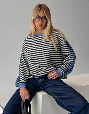 Polly - Taysha - Top ras de cou en coton mélangé rayé avec manches longues et épaules tombantes - Noir/bleu-Multicolore 34