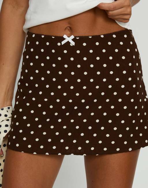 Princess Polly Tejano bow front mini skirt in chocolate polka dot, 2 of 4