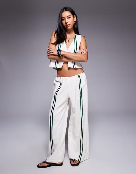 Princess Polly Telling Lies linen blend wide leg front stripe trousers co-ord in cream - view 1
