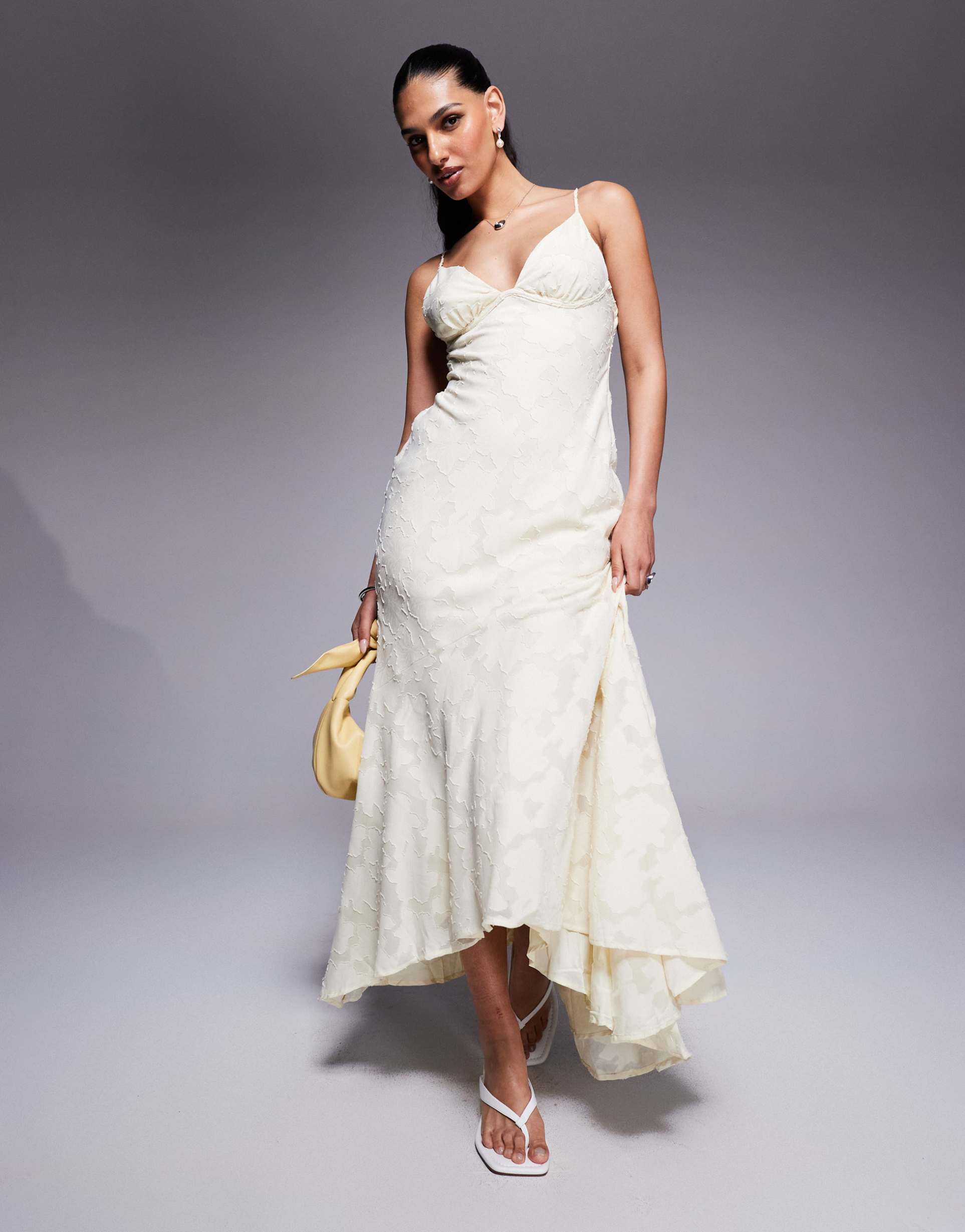 princess polly textured floral cross back strappy maxi dress in lemon
