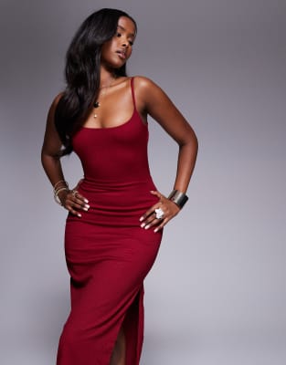 Princess Polly Textured Scoop Neck Open Tie Back Bodycon Midaxi Dress In Red