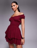 [Princess Polly] Princess Polly The Love Galore dobby mesh shirred off-shoulder ruffle skirt playsuit in dark cherry 16 RED