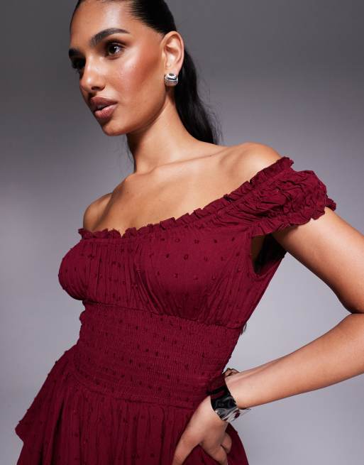 Princess Polly The Love Galore dobby mesh shirred off shoulder ruffle skirt  playsuit in dark cherry | ASOS