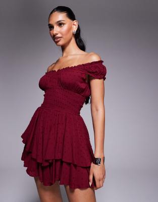 Princess Polly The Love Galore Textured Mesh Shirred Off-shoulder Ruffle Skirt Romper