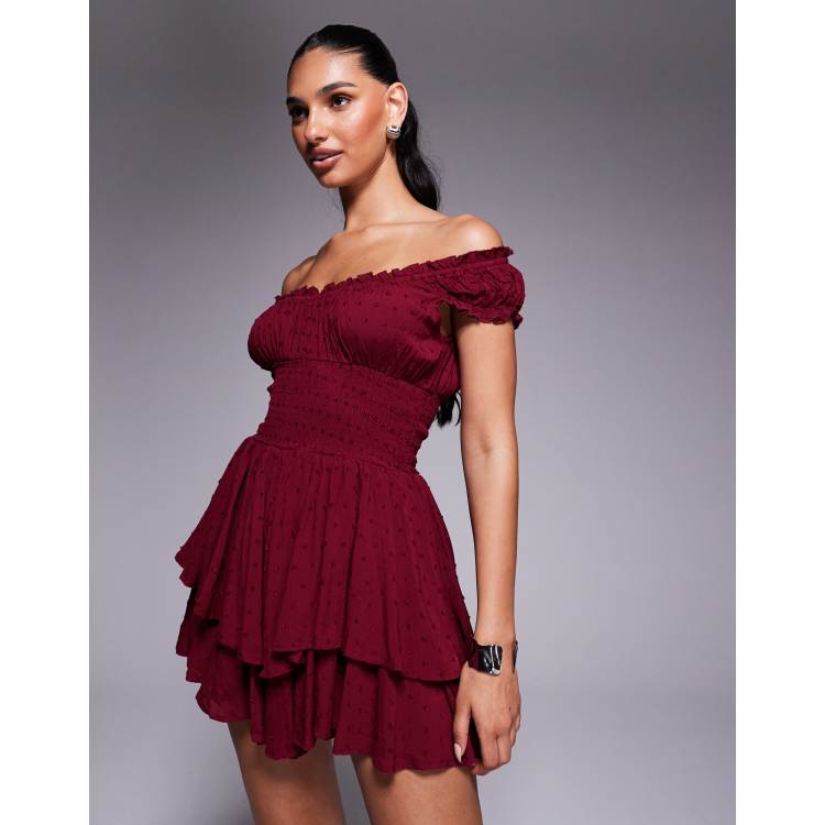 Princess Polly The Love Galore textured mesh shirred off-shoulder ruffle  skirt romper in dark cherry | ASOS